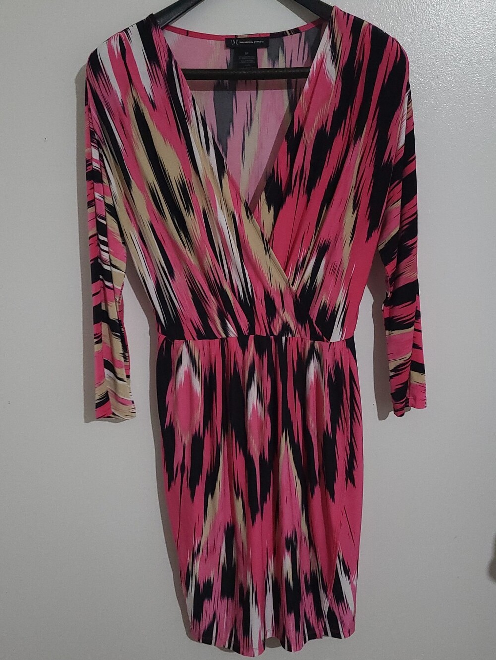 INC International Concepts Faux Wrap Dress Pink Black Tan Size S